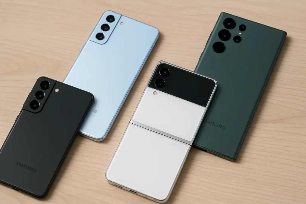 Comparatif de quatre smartphones Samsung reconditionnés posés sur une table en bois clair