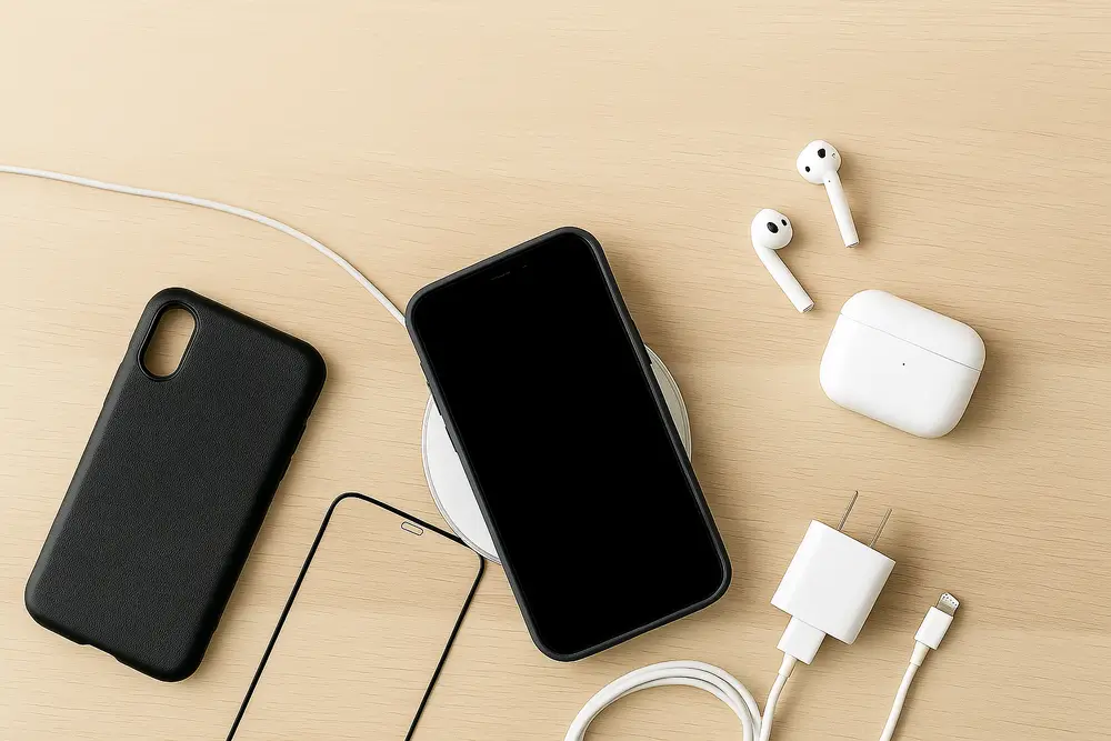 Accessoires pour smartphone reconditionné : coque noire, protection d'écran, chargeur USB, écouteurs sans fil et téléphone posé sur un chargeur à induction
