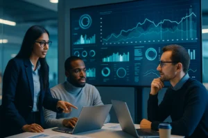 Équipe data en réunion analysant un tableau de bord de performances graphiques