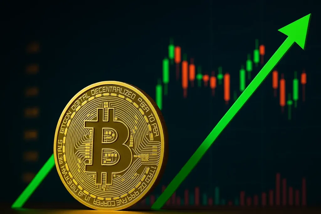 Pièce Bitcoin en or devant un graphique haussier avec chandeliers verts et flèche montante