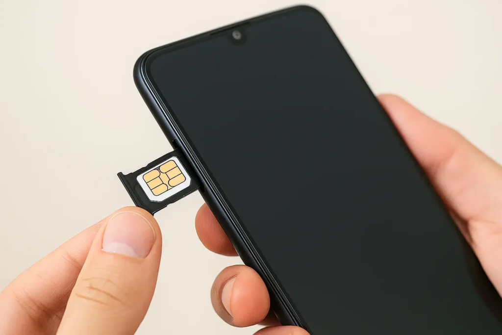 Insertion d'une carte SIM dans un Huawei P30 Lite avec le tiroir SIM éjecté