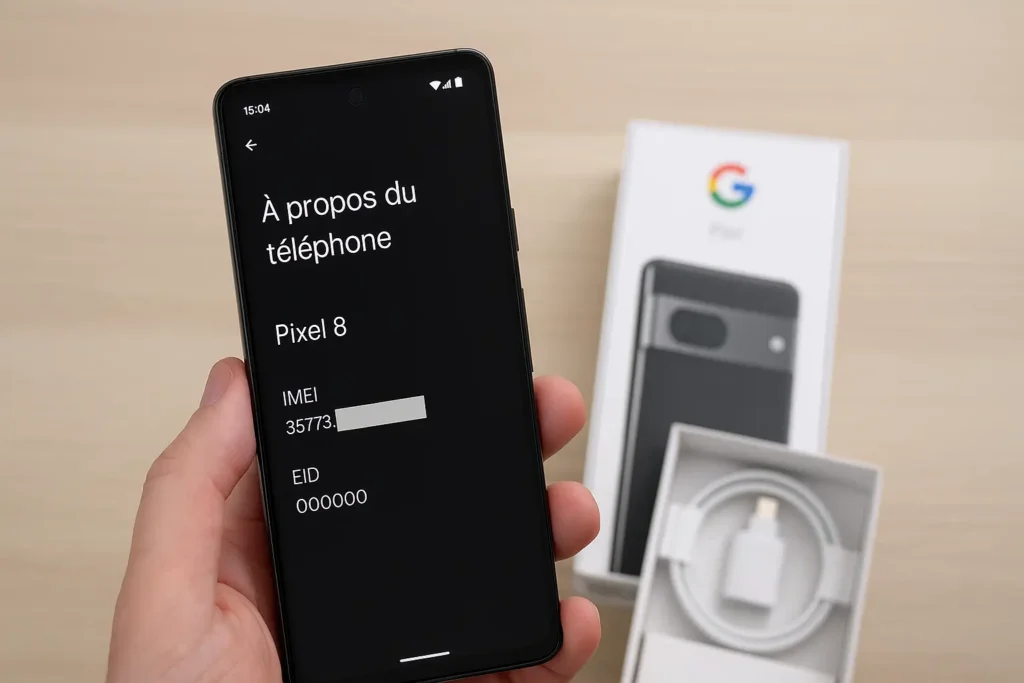Google Pixel 8 affichant le menu 'À propos du téléphone' avec numéro IMEI visible, tenu en main devant sa boîte d’origine ouverte sur une table en bois clair