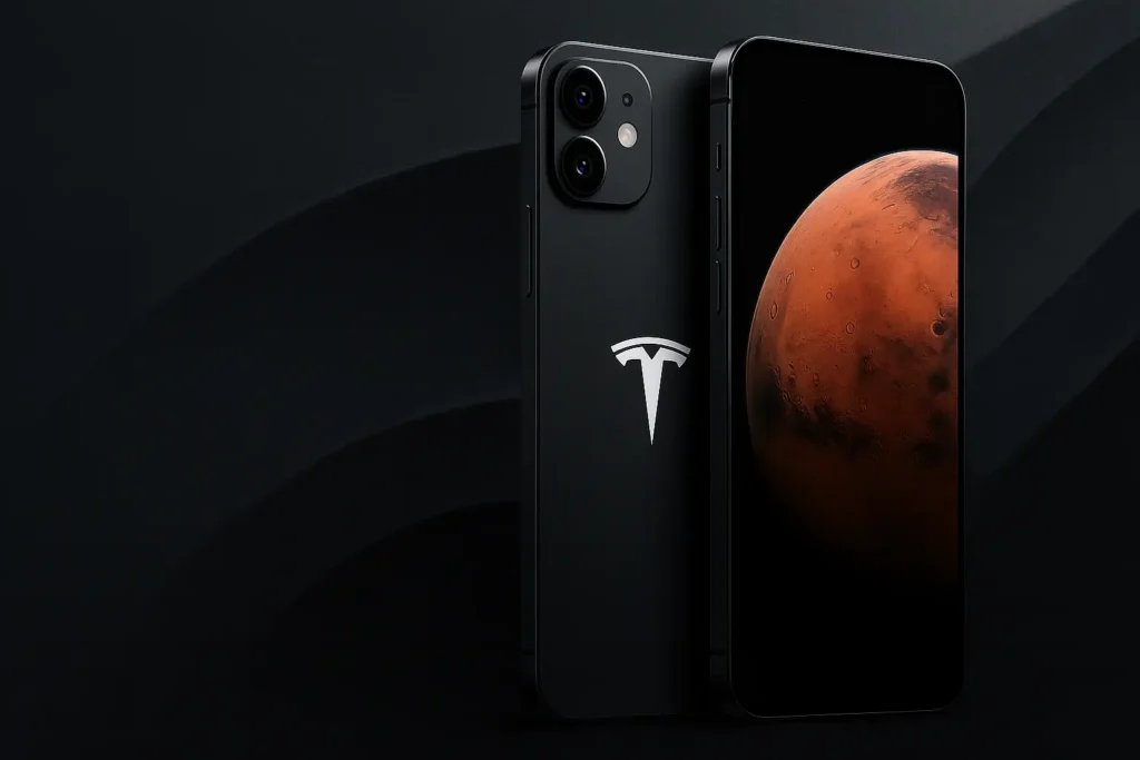 Concept de téléphone Tesla noir avec écran affichant Mars