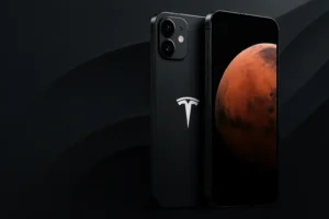 Concept de téléphone Tesla noir avec écran affichant Mars