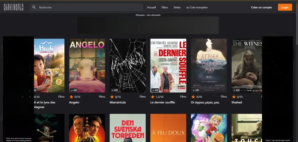 Page d'accueil du site Darkiworld en 2025 avec affiches de films et publicités en streaming