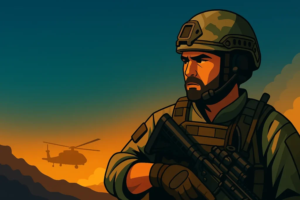 Illustration d'un soldat armé pour Delta Force PS5 avec hélicoptère au coucher du soleil
