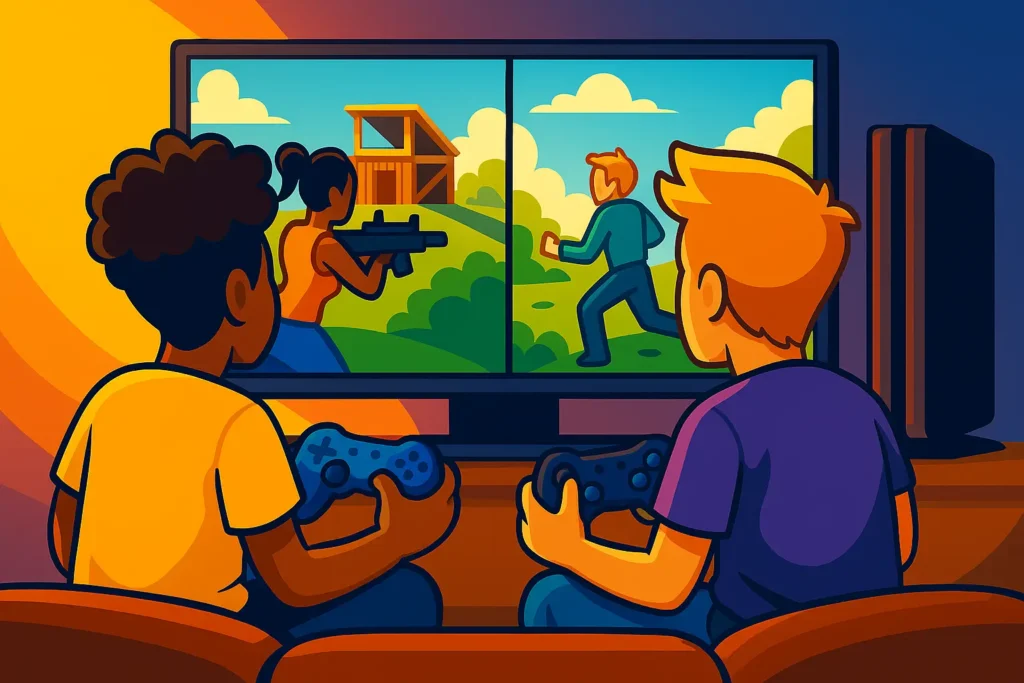 Deux joueurs utilisent l'écran scindé pour jouer à Fortnite sur PS4 en local