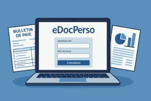 Portail eDocPerso : écran de connexion avec champs identifiant RH et mot de passe, bulletin de paie en arrière-plan