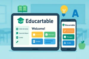 Illustration d’Educartable : interface visible sur tablette et smartphone dans une salle de classe, mettant en avant les fonctions cahier de textes, messages et notes