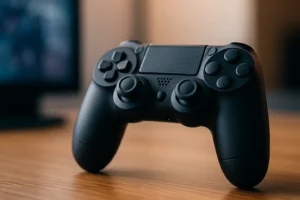 Manette de jeu noire posée sur une table en bois, avec un écran flou en arrière-plan