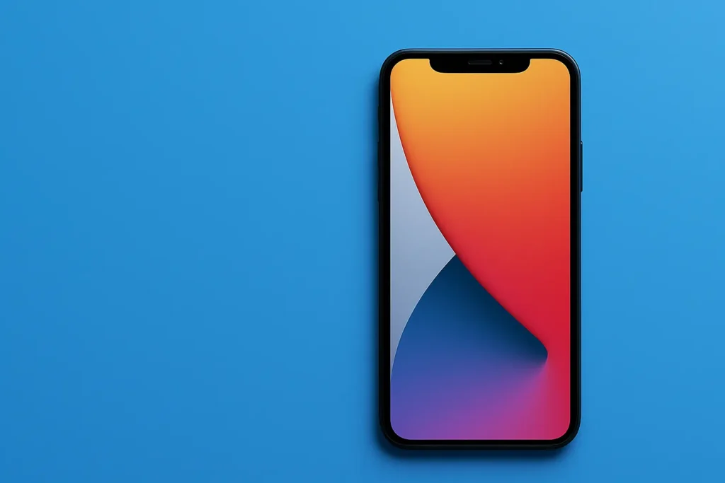 iPhone reconditionné posé sur fond bleu, modèle récent avec écran allumé