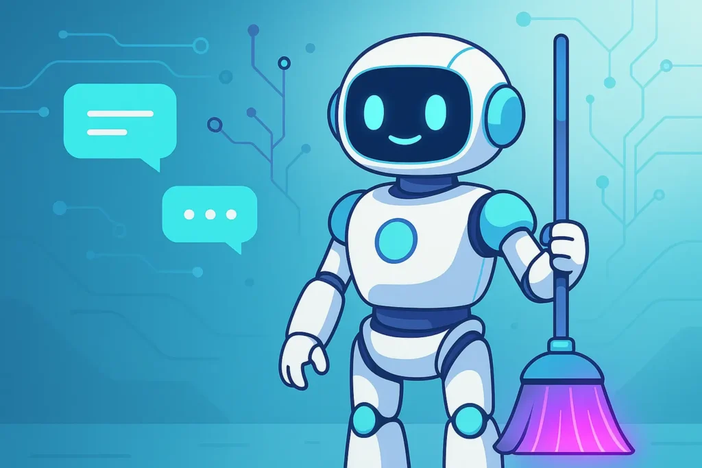 Illustration horizontale : robot Janitor AI stylisé tenant un balai lumineux, bulles de dialogue et circuits futuristes sur fond bleu