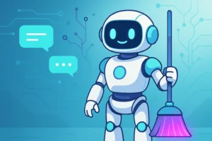 Illustration horizontale : robot Janitor AI stylisé tenant un balai lumineux, bulles de dialogue et circuits futuristes sur fond bleu