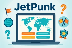 Illustration JetPunk : quiz en ligne de géographie affiché sur ordinateur avec cartes du monde et icônes ludiques