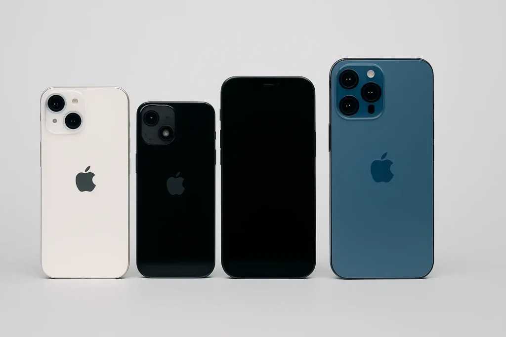 Comparatif d’iPhone reconditionnés 2025 — modèles alignés sur fond neutre