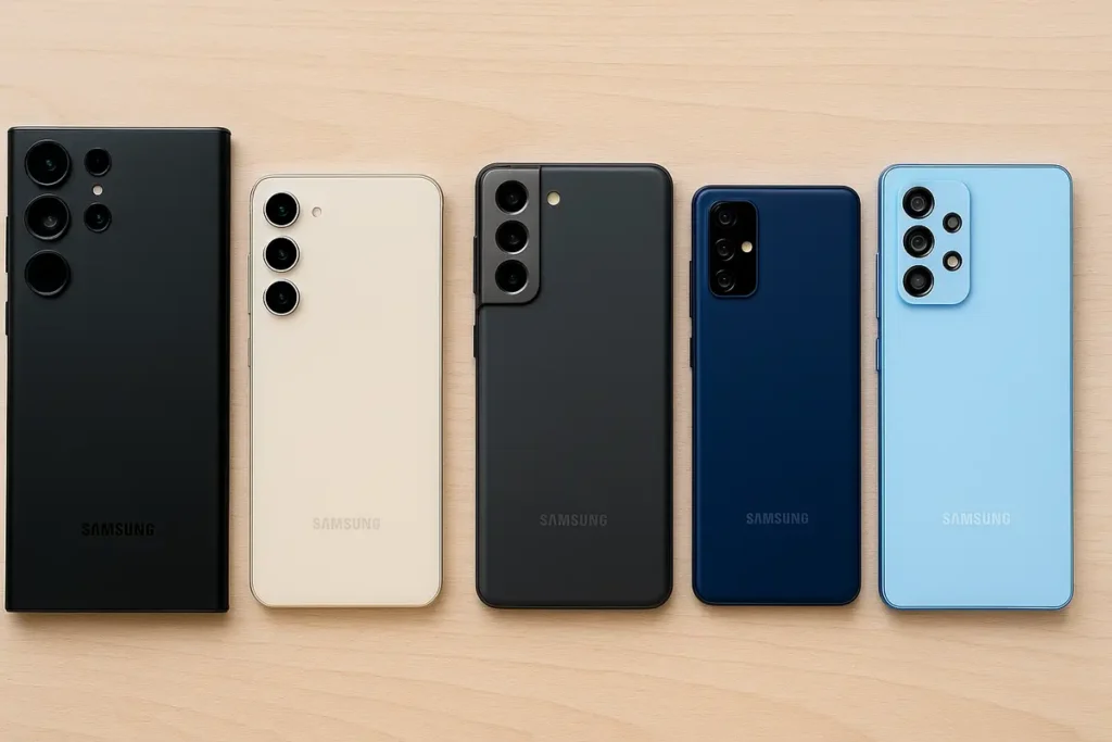 Comparatif de cinq modèles Samsung Galaxy reconditionnés sur fond en bois clair : S24 Ultra, S23, S21, S20 FE et A53.