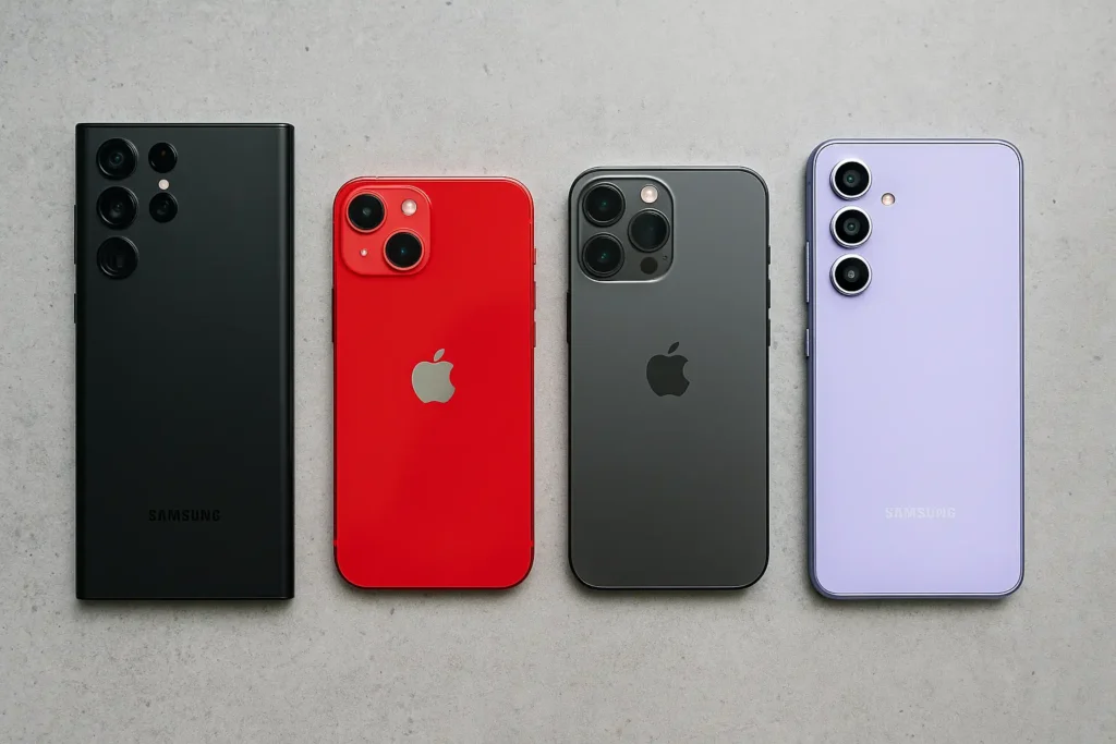 Comparatif de quatre smartphones reconditionnés en 2025 : Samsung Galaxy S22 Ultra, iPhone 13, iPhone 13 Pro et Samsung Galaxy A54 alignés sur fond neutre