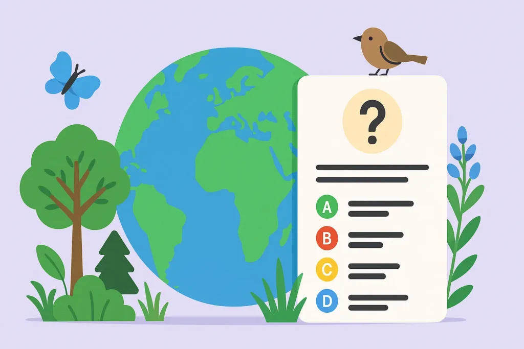 Illustration horizontale stylisée de la Terre et d’un quiz Google pour la Journée de la Terre