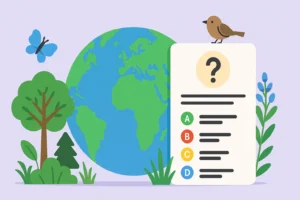 Illustration horizontale stylisée de la Terre et d’un quiz Google pour la Journée de la Terre