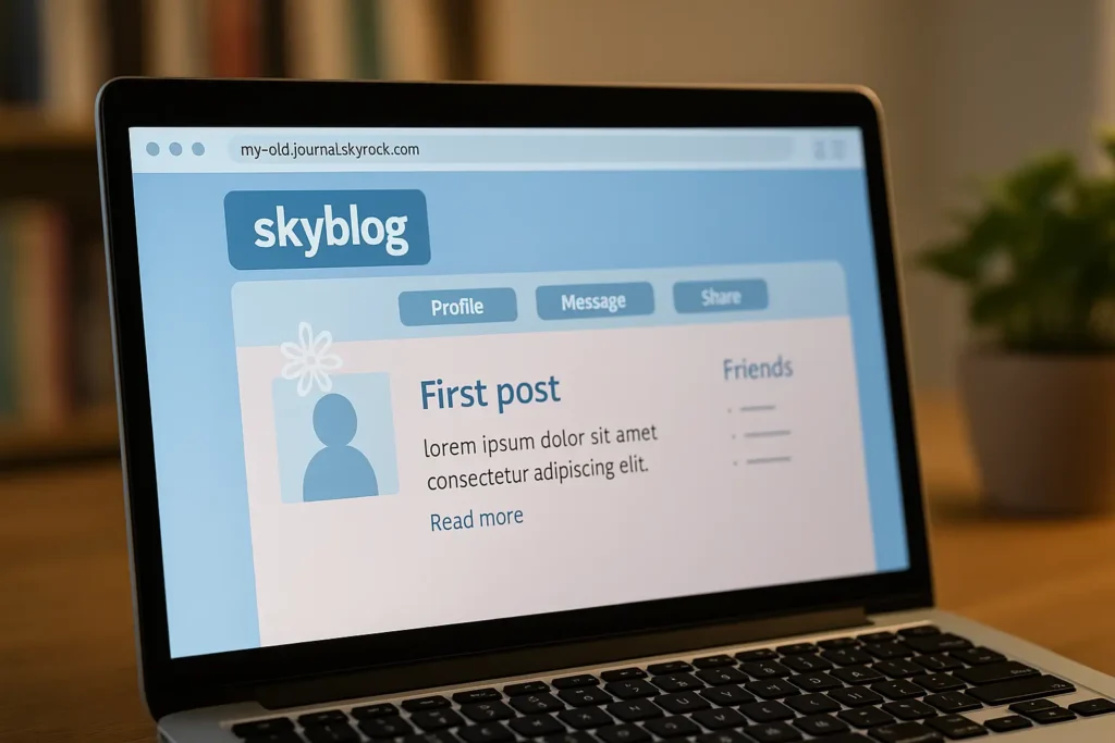 Ancien skyblog affiché sur un ordinateur portable avec design des années 2000