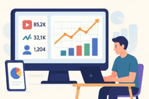Illustration d’un tableau de bord analytics pour réseaux sociaux, avec graphiques et créateur analysant ses stats