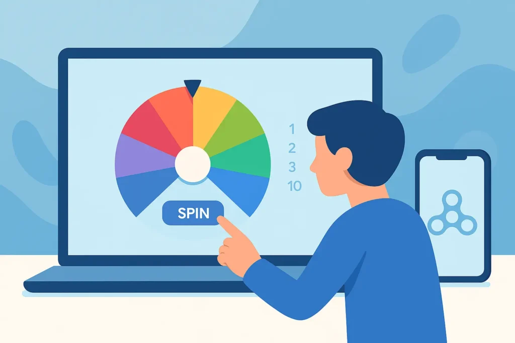 Illustration d’un utilisateur déclenchant la toupie Google : roue multicolore et bouton Spin affichés sur écran d’ordinateur