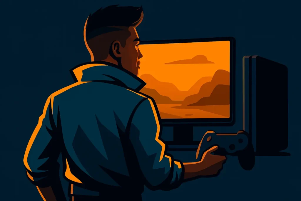 Illustration stylisée d'un joueur avec manette face à un écran sur console, en lien avec Valorant sur PS4