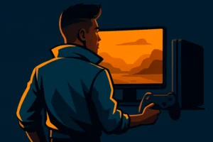 Illustration stylisée d'un joueur avec manette face à un écran sur console, en lien avec Valorant sur PS4