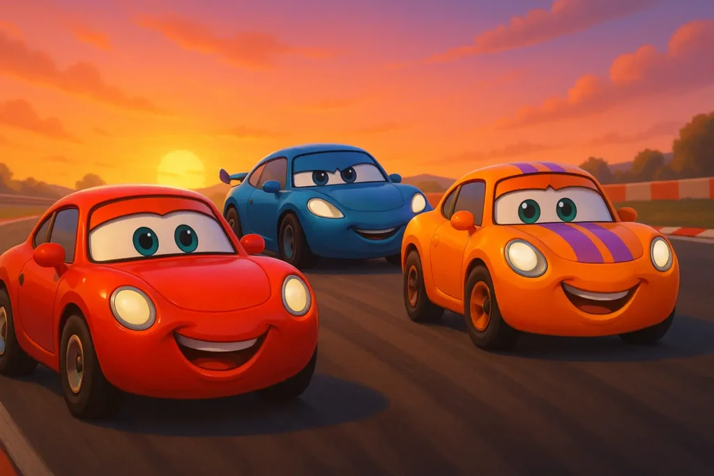 Trois voitures colorées et expressives sur un circuit de course au coucher du soleil, dans un style cartoon 3D inspiré des films d’animation