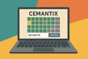 Illustration d’un ordinateur portable affichant le jeu Cemantix avec une grille colorée, le mot "Devinette" et un bouton "Entrer"