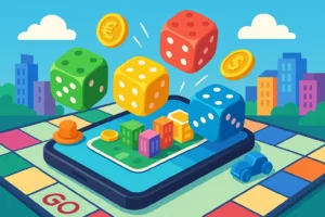 dés gratuit monopoly go – illustration horizontale avec dés colorés et smartphone sur plateau de jeu
