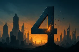 Illustration dystopique d’une ville crépusculaire avec un chiffre 4 fissuré — référence à l’annulation du film Divergente 4