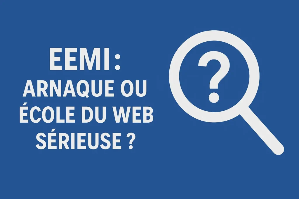 Illustration avec le texte "EEMI : Arnaque ou école du web sérieuse ?" sur fond bleu, accompagnée d’une loupe avec point d’interrogation