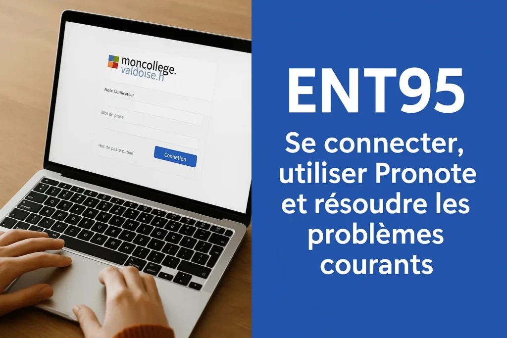 Écran de connexion ENT95 affiché sur un ordinateur portable, avec une personne entrant ses identifiants pour accéder à l’espace numérique du Val-d’Oise