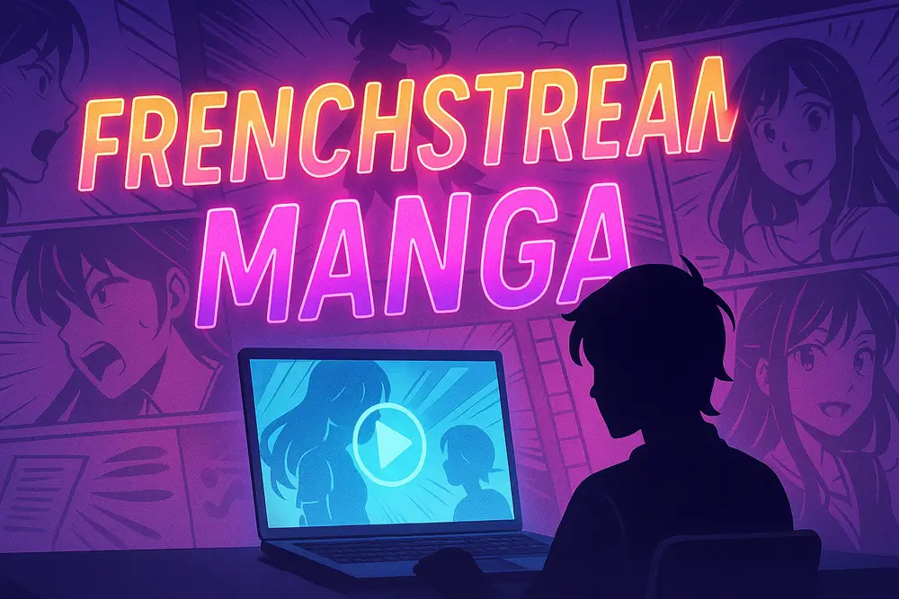 Frenchstream manga – illustration horizontale avec silhouette regardant un laptop et lettrage néon