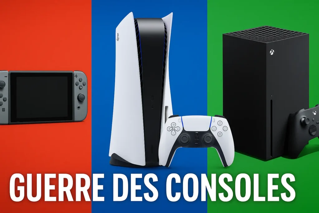 Comparatif visuel des consoles Nintendo Switch, PlayStation 5 et Xbox Series X sur fond coloré, illustrant la guerre des consoles