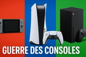 Comparatif visuel des consoles Nintendo Switch, PlayStation 5 et Xbox Series X sur fond coloré, illustrant la guerre des consoles