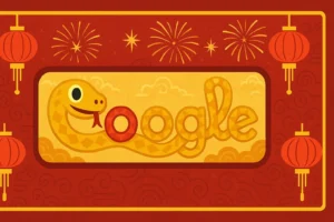 Doodle Google Année du Serpent avec logo en forme de serpent doré, lanternes rouges et feux d’artifice