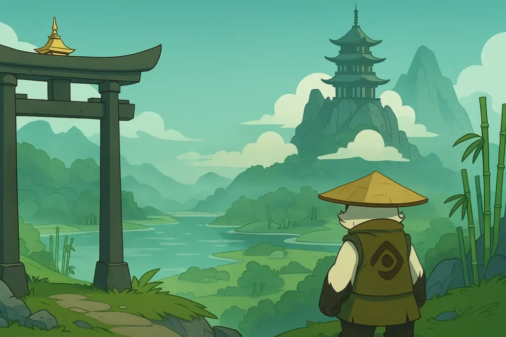 Illustration de Pandala dans Dofus avec un Pandawa observant une pagode au sommet d'une montagne