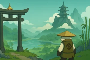 Illustration de Pandala dans Dofus avec un Pandawa observant une pagode au sommet d'une montagne