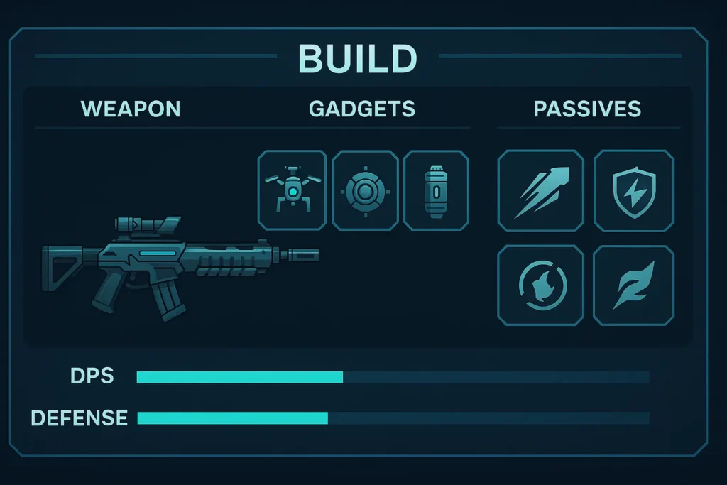 Infographie horizontale de build mo.co : interface futuriste affichant un fusil d’assaut, des icônes de gadgets et passifs, plus barres DPS et Défense