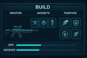 Infographie horizontale de build mo.co : interface futuriste affichant un fusil d’assaut, des icônes de gadgets et passifs, plus barres DPS et Défense