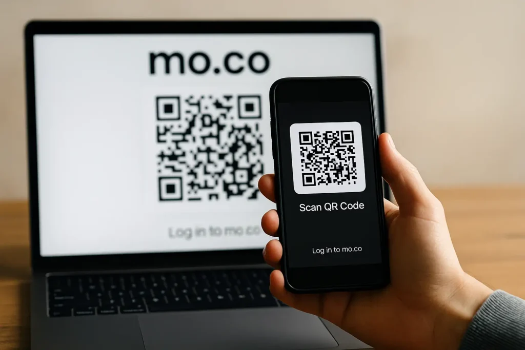 Personne scannant le QR code mo.co affiché sur un ordinateur portable à l’aide d’un smartphone pour se connecter à son compte