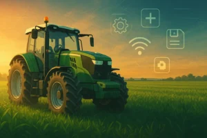 Tracteur vert dans un champ au lever du soleil avec icônes technologiques, illustration représentant les mods pour Farming Simulator 25