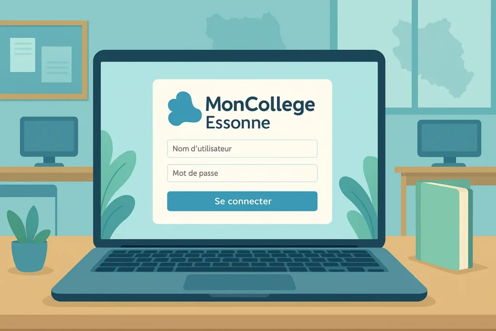 Illustration d’un ordinateur montrant la page de connexion MonCollege Essonne dans une salle de classe numérique