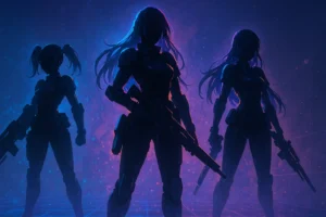 Illustration originale pour la tier list Nikke : trois Nikkes armées sur fond néon futuriste