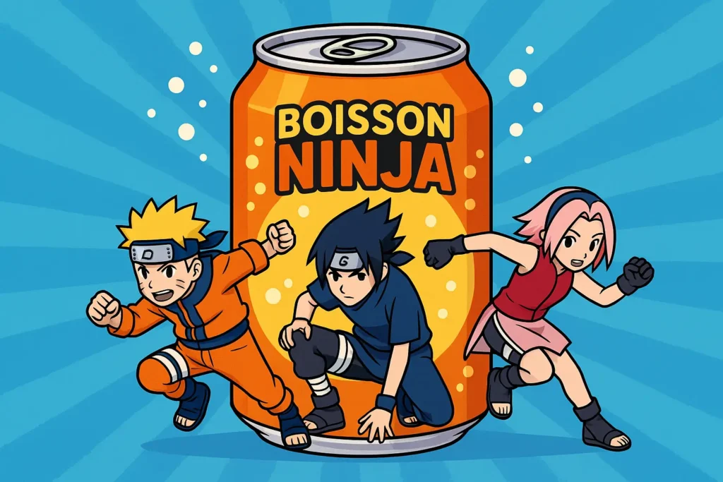 Illustration d'une canette Boisson Ninja avec trois personnages inspirés de l'univers manga, dans un style cartoon dynamique