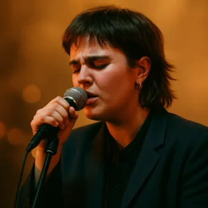 Chanteuse sur scène interprétant une chanson avec intensité, éclairage chaud et ambiance intimiste