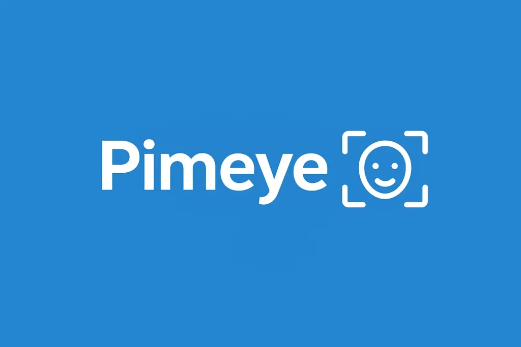 Logo stylisé de Pimeye avec une icône de reconnaissance faciale sur fond bleu
