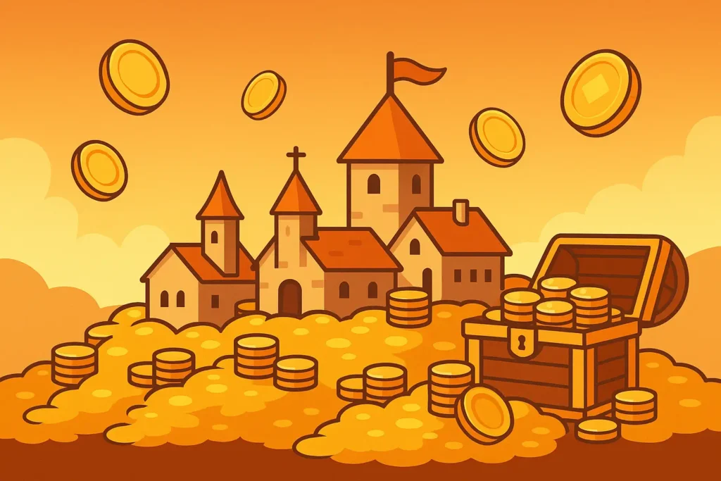 Illustration d’un village médiéval stylisé construit sur des montagnes de pièces d’or, symbolisant le coût des villages dans Coin Master